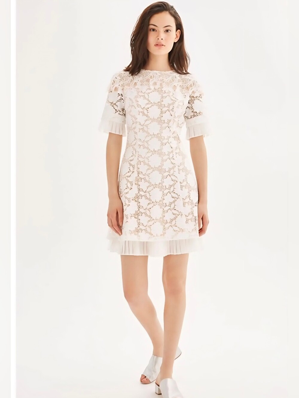 Topshop White Floral Lace Mini Dress with Pleated Trim